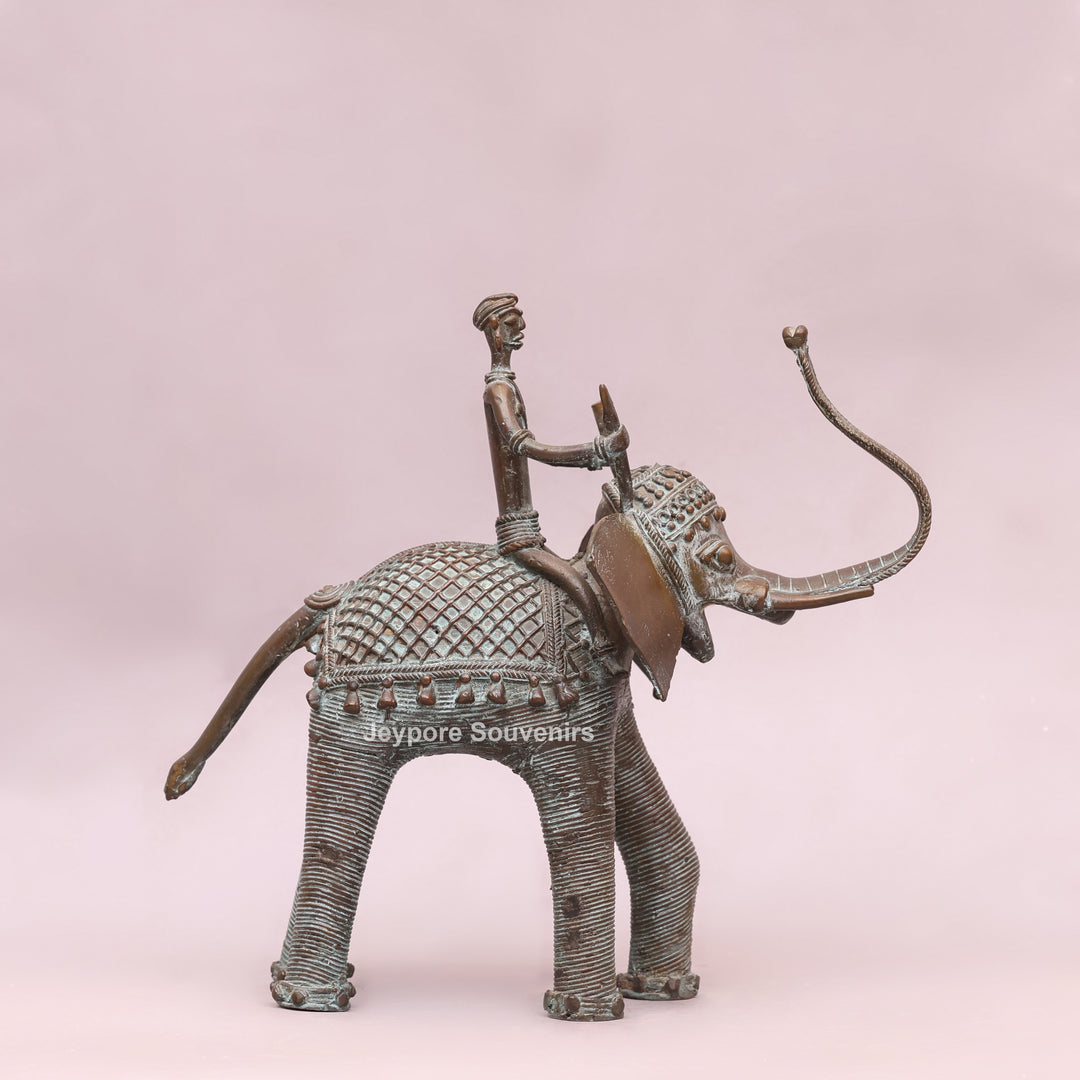 Handcrafted Dhokra Brass Elephant Statue with Tribal Rider