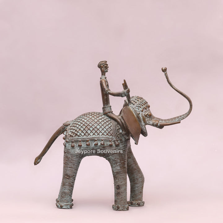 Handcrafted Dhokra Brass Elephant Statue with Tribal Rider
