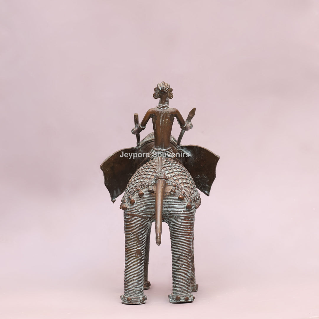 Handcrafted Dhokra Brass Elephant Statue with Tribal Rider