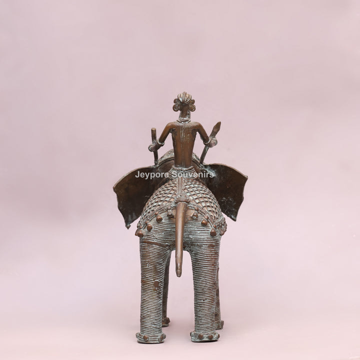 Handcrafted Dhokra Brass Elephant Statue with Tribal Rider
