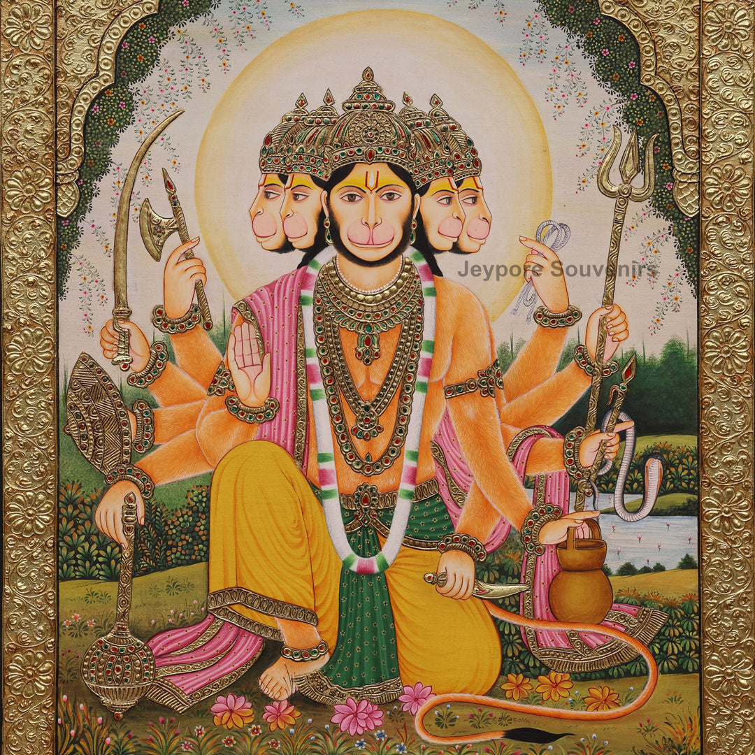 Panchmukhi Hanuman Ji Tanjore Painting with Real Gold Leaf Work
