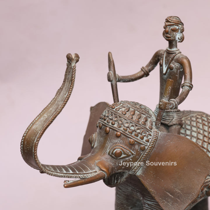 Handcrafted Dhokra Brass Elephant Statue with Tribal Rider
