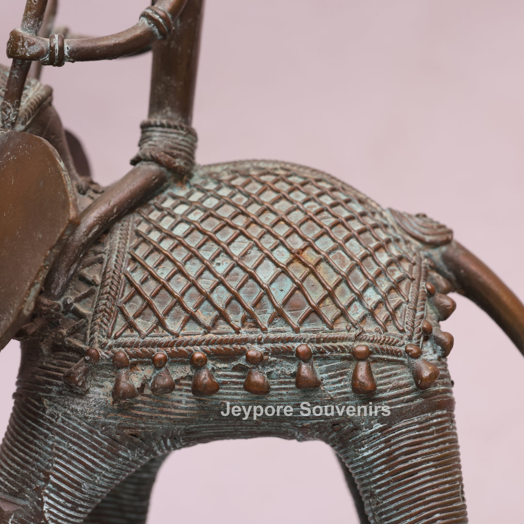 Handcrafted Dhokra Brass Elephant Statue with Tribal Rider