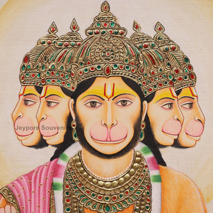 Panchmukhi Hanuman Ji Tanjore Painting with Real Gold Leaf Work