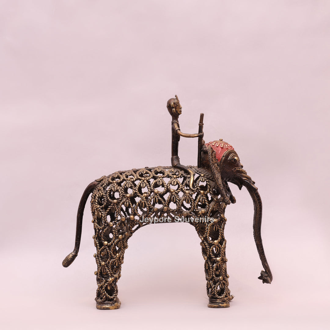 Intricate Jali Openwork Dhokra Brass Elephant with Tribal Rider