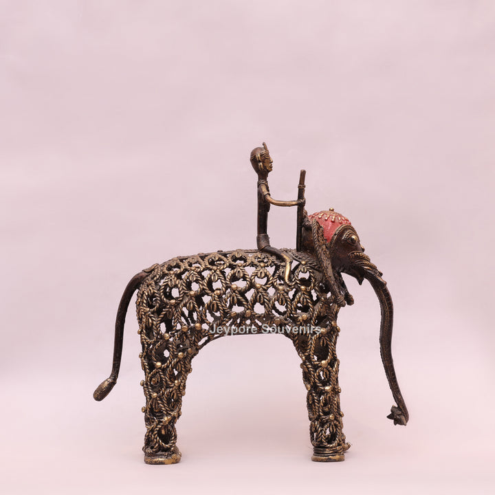 Intricate Jali Openwork Dhokra Brass Elephant with Tribal Rider