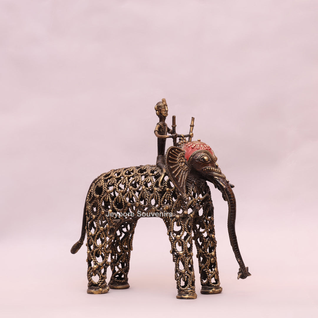 Intricate Jali Openwork Dhokra Brass Elephant with Tribal Rider