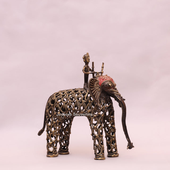 Intricate Jali Openwork Dhokra Brass Elephant with Tribal Rider