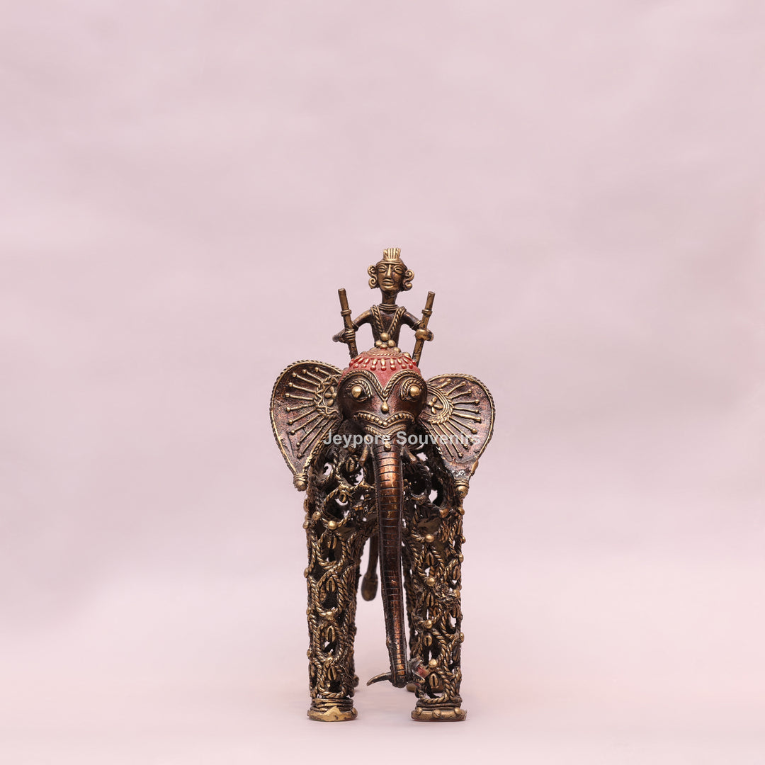Intricate Jali Openwork Dhokra Brass Elephant with Tribal Rider