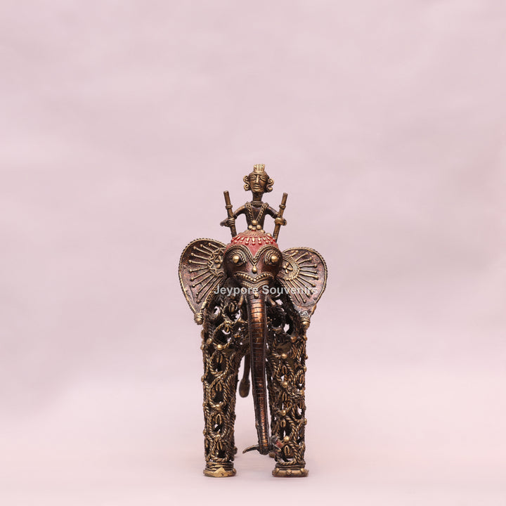 Intricate Jali Openwork Dhokra Brass Elephant with Tribal Rider