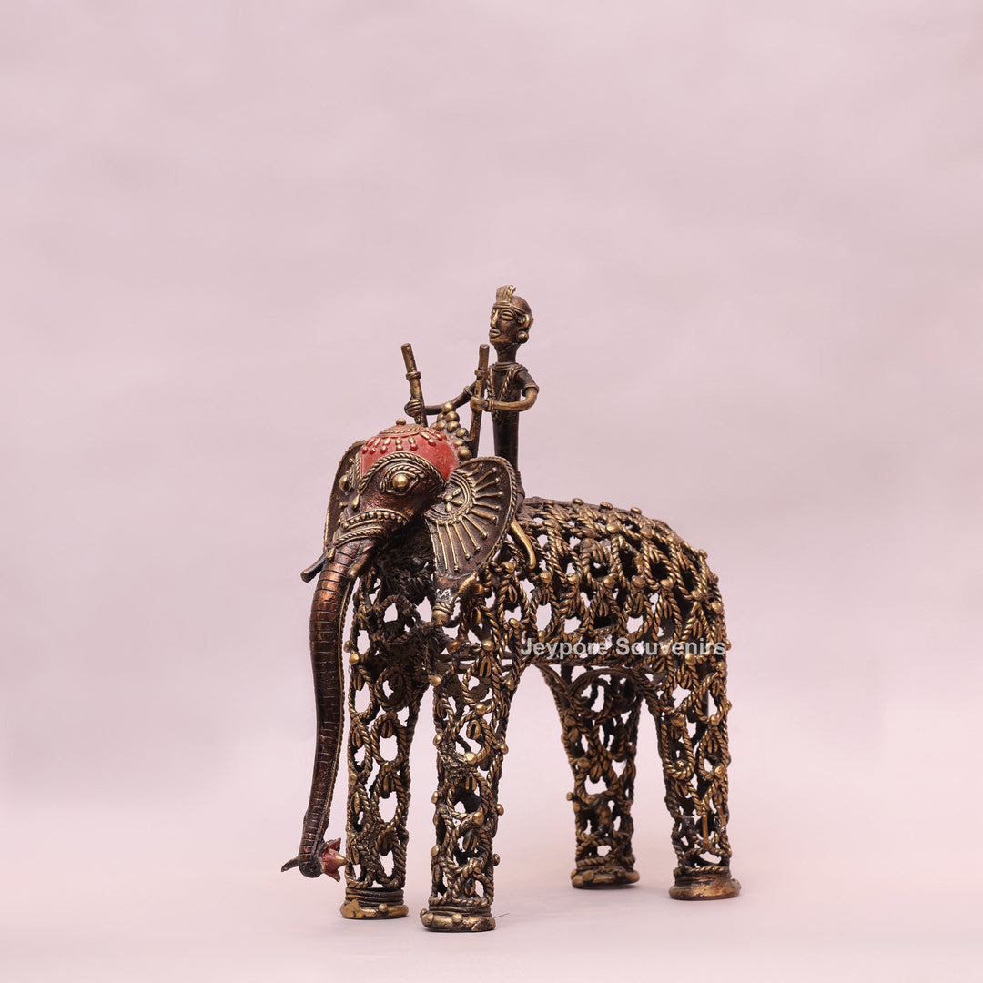 Intricate Jali Openwork Dhokra Brass Elephant with Tribal Rider