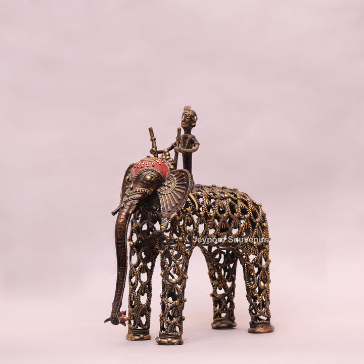 Intricate Jali Openwork Dhokra Brass Elephant with Tribal Rider