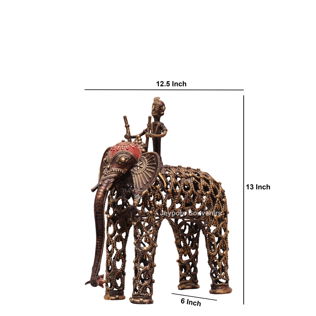 Intricate Jali Openwork Dhokra Brass Elephant with Tribal Rider