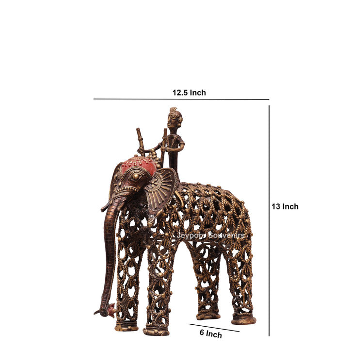 Intricate Jali Openwork Dhokra Brass Elephant with Tribal Rider