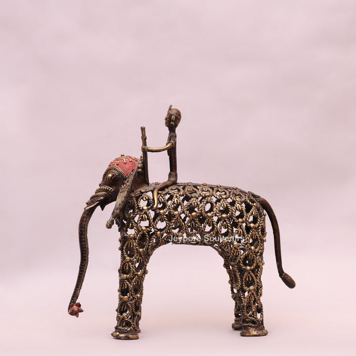 Intricate Jali Openwork Dhokra Brass Elephant with Tribal Rider
