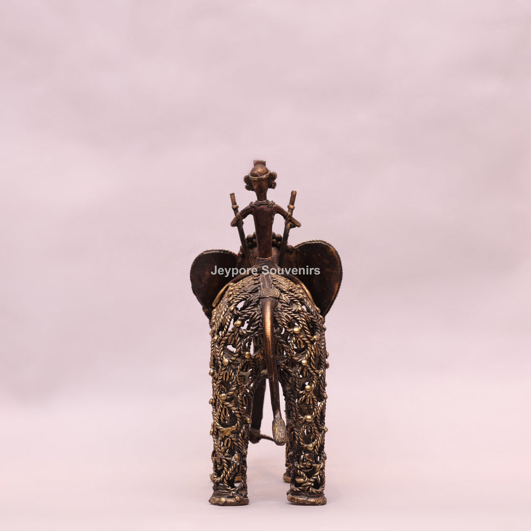 Intricate Jali Openwork Dhokra Brass Elephant with Tribal Rider