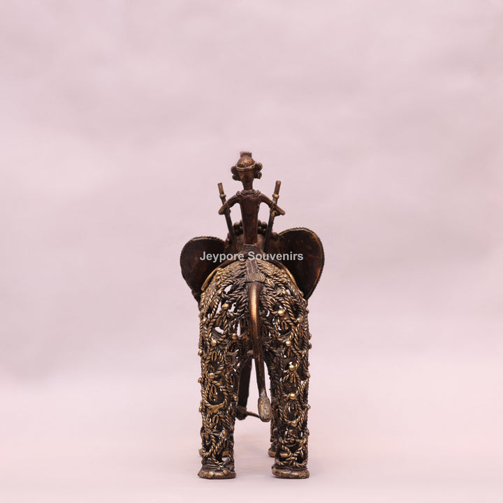 Intricate Jali Openwork Dhokra Brass Elephant with Tribal Rider