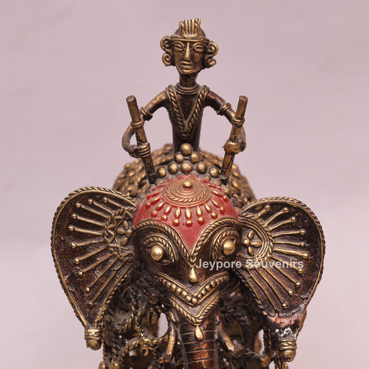 Intricate Jali Openwork Dhokra Brass Elephant with Tribal Rider