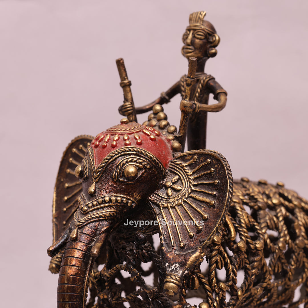 Intricate Jali Openwork Dhokra Brass Elephant with Tribal Rider