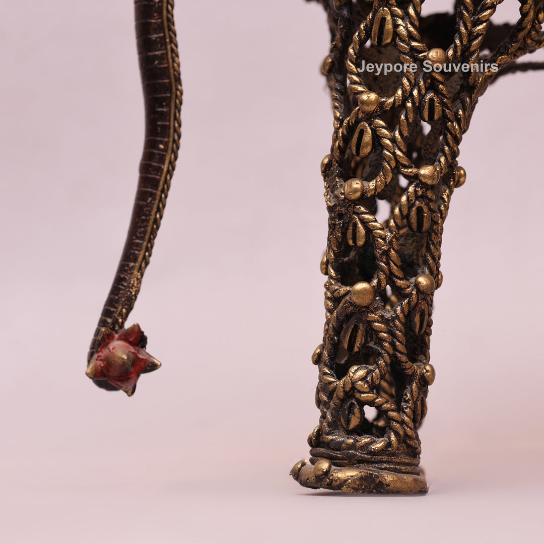 Intricate Jali Openwork Dhokra Brass Elephant with Tribal Rider