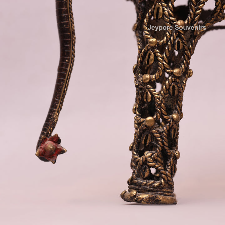 Intricate Jali Openwork Dhokra Brass Elephant with Tribal Rider