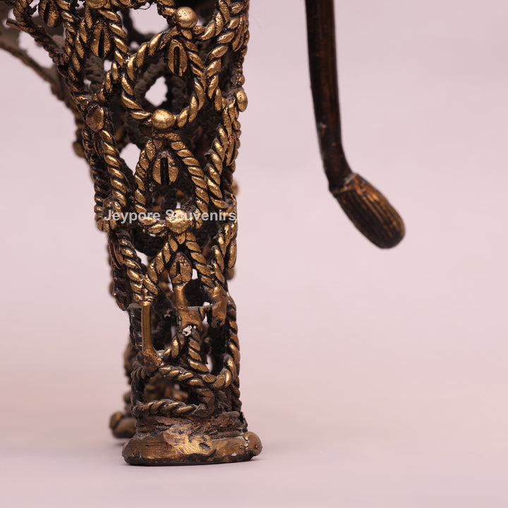 Intricate Jali Openwork Dhokra Brass Elephant with Tribal Rider
