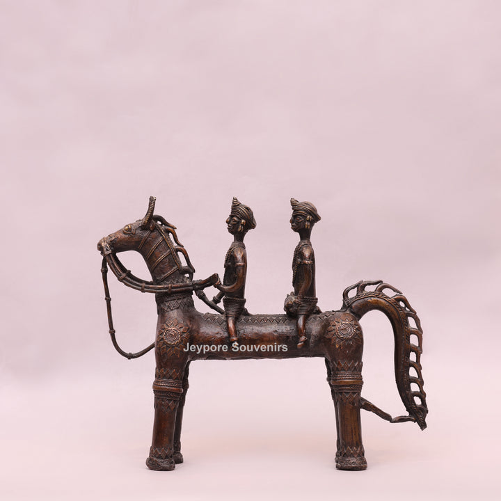 Handcrafted Dhokra Brass Horse with Two Riders