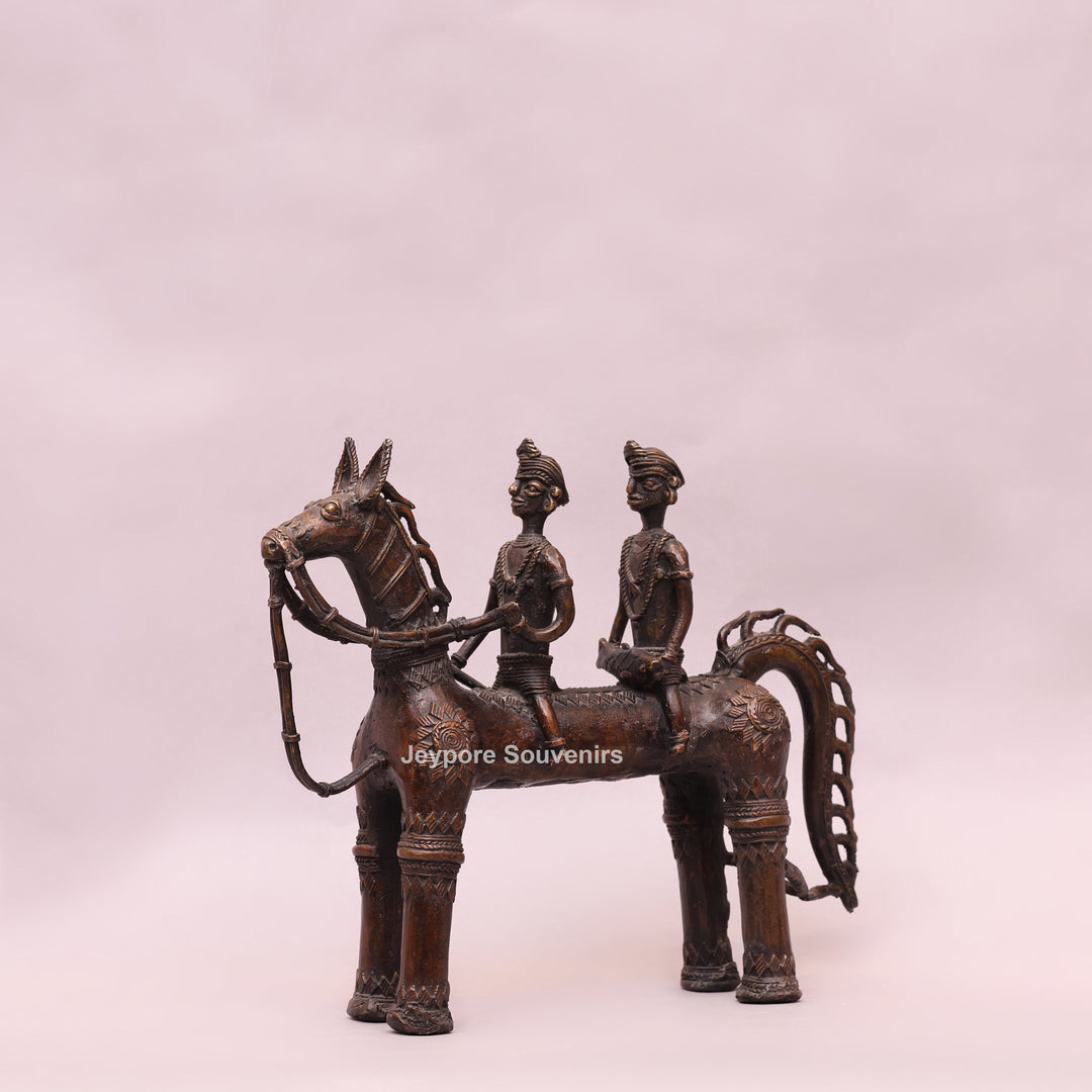 Handcrafted Dhokra Brass Horse with Two Riders