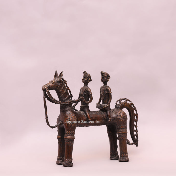 Handcrafted Dhokra Brass Horse with Two Riders
