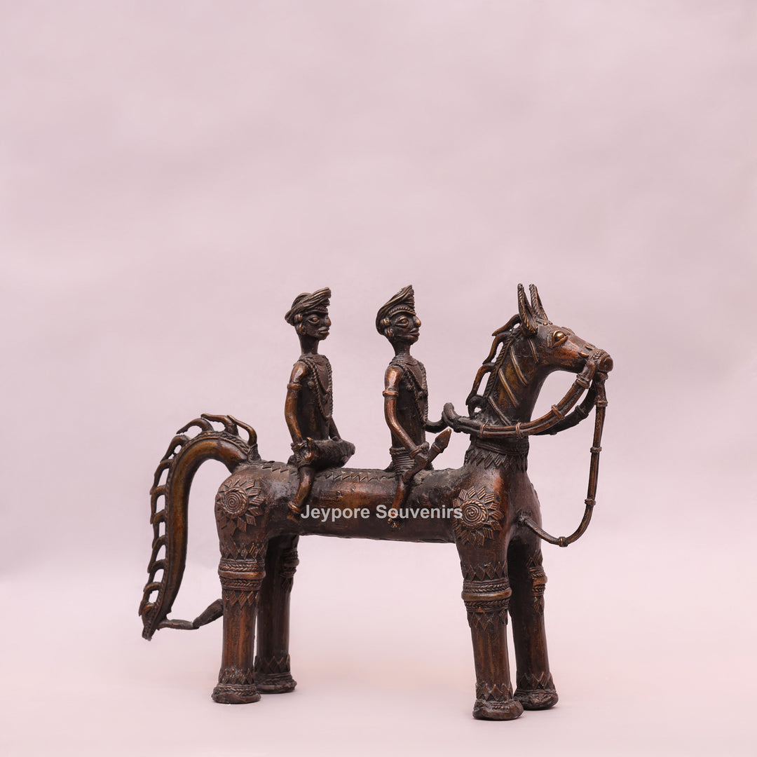 Handcrafted Dhokra Brass Horse with Two Riders