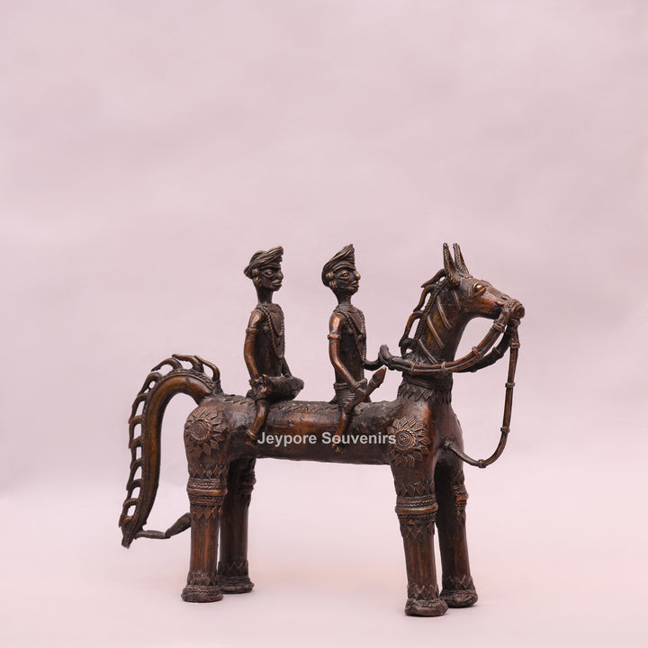 Handcrafted Dhokra Brass Horse with Two Riders