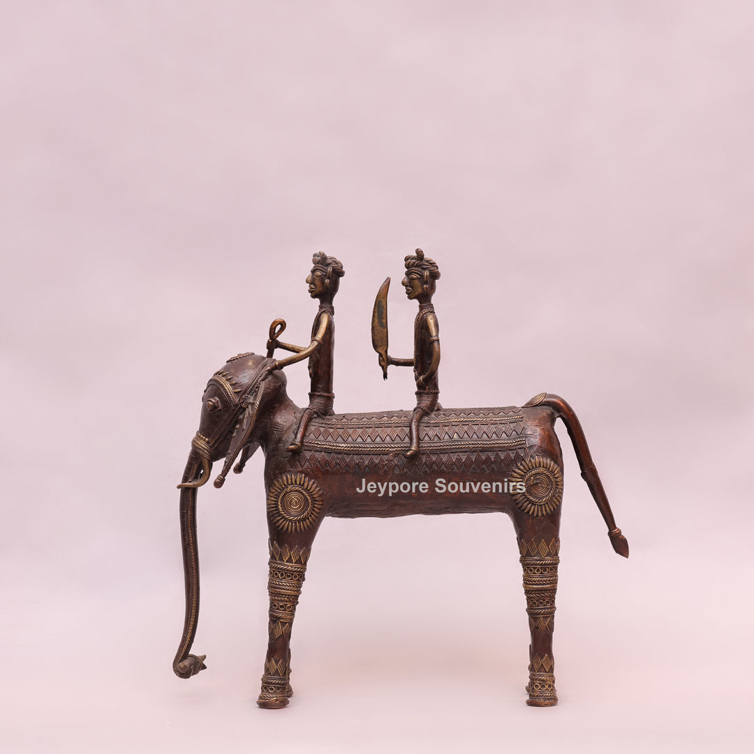 Handcrafted Dhokra Brass Elephant with Two Tribal Riders