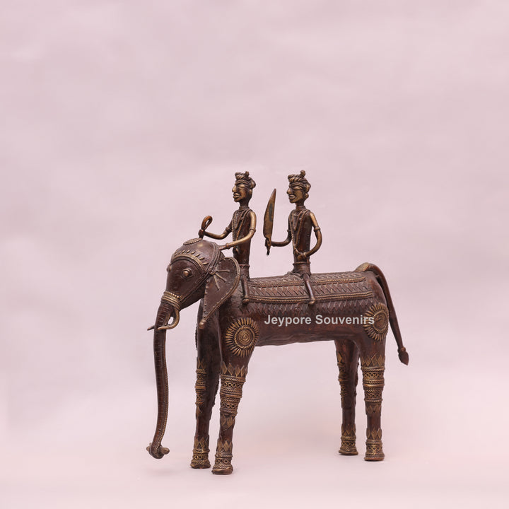 Handcrafted Dhokra Brass Elephant with Two Tribal Riders