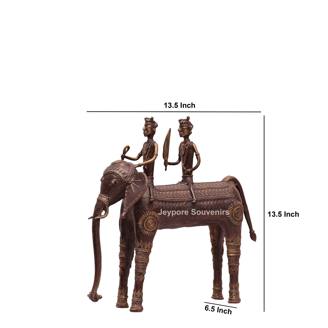 Handcrafted Dhokra Brass Elephant with Two Tribal Riders