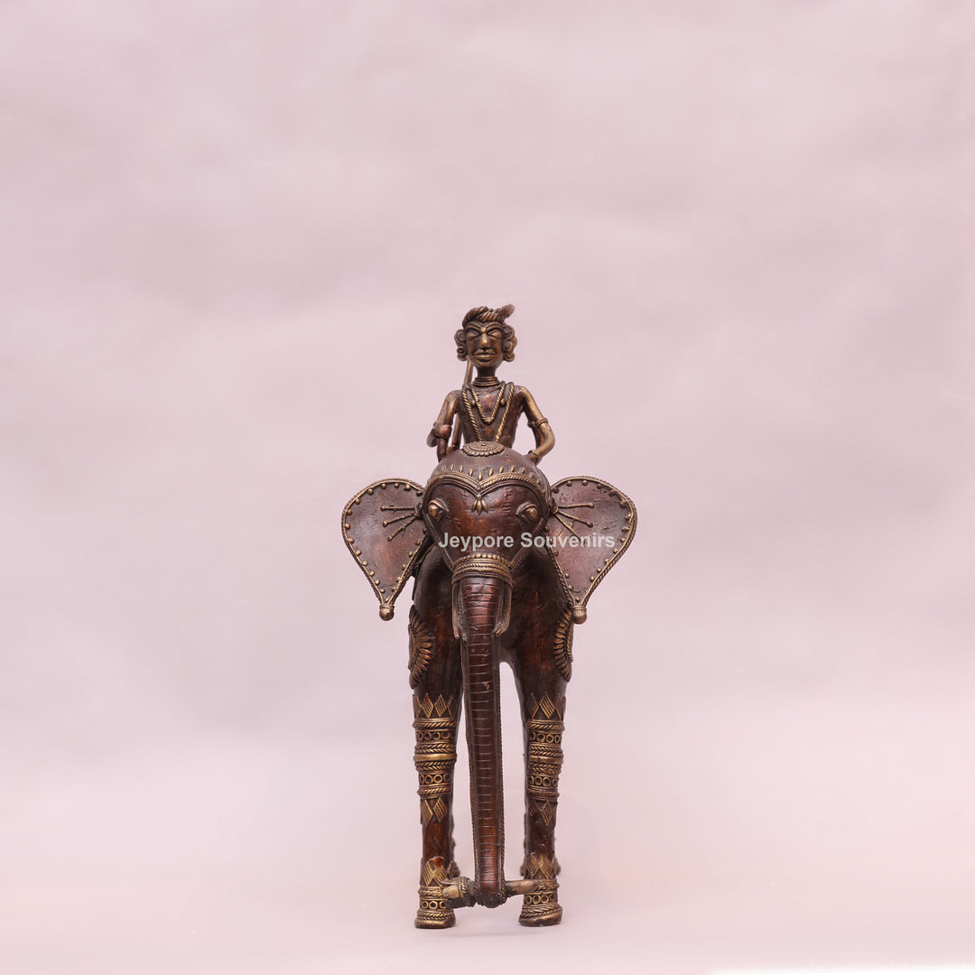 Handcrafted Dhokra Brass Elephant with Two Tribal Riders