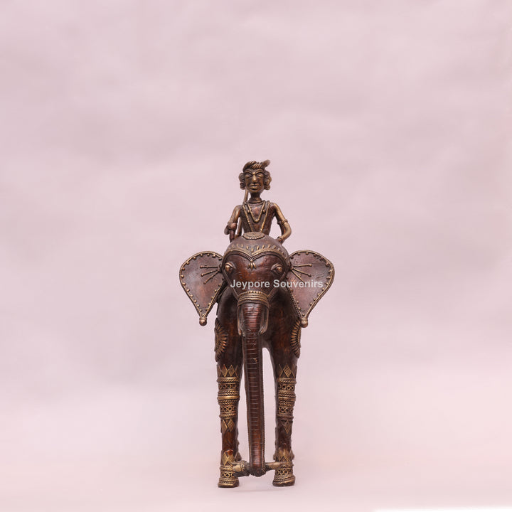 Handcrafted Dhokra Brass Elephant with Two Tribal Riders
