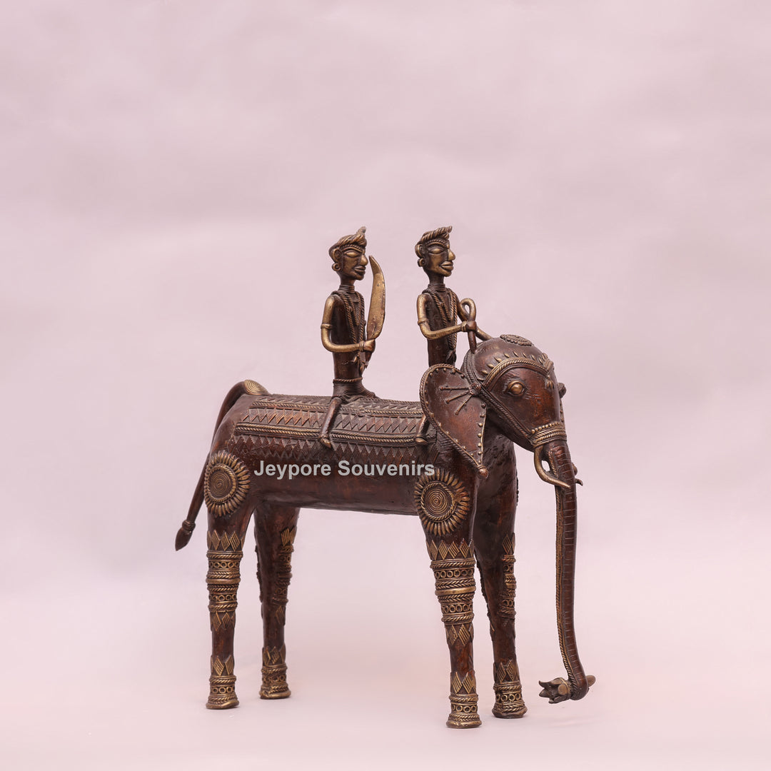 Handcrafted Dhokra Brass Elephant with Two Tribal Riders