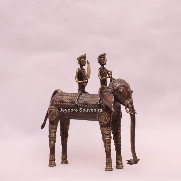 Handcrafted Dhokra Brass Elephant with Two Tribal Riders