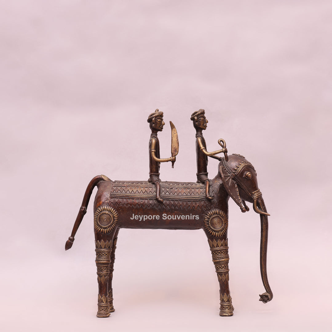 Handcrafted Dhokra Brass Elephant with Two Tribal Riders