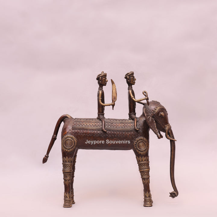 Handcrafted Dhokra Brass Elephant with Two Tribal Riders