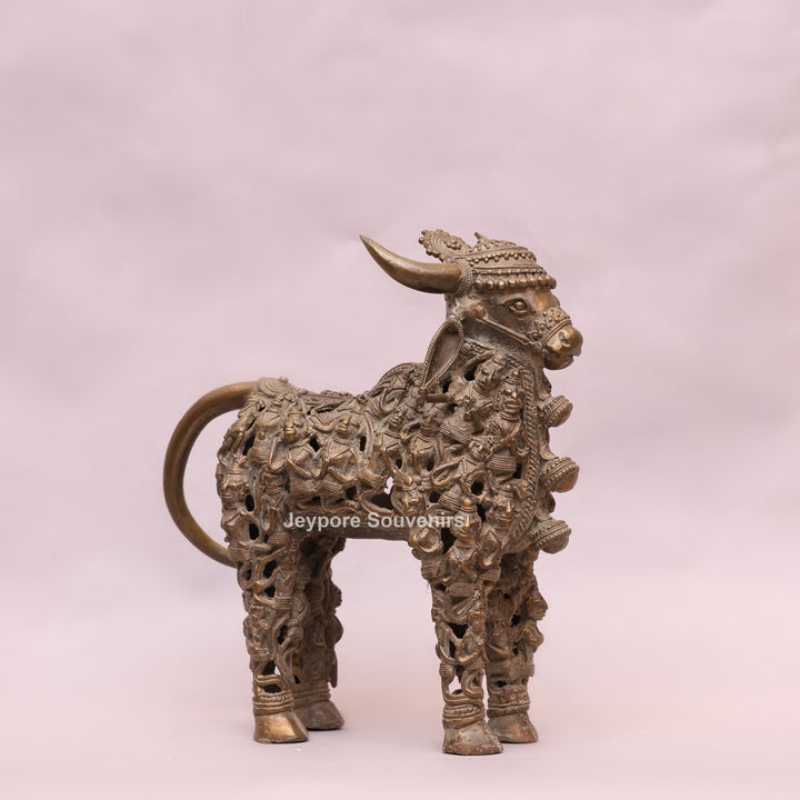 Handcrafted Dhokra Brass Nandi Sculpture with Jali Work