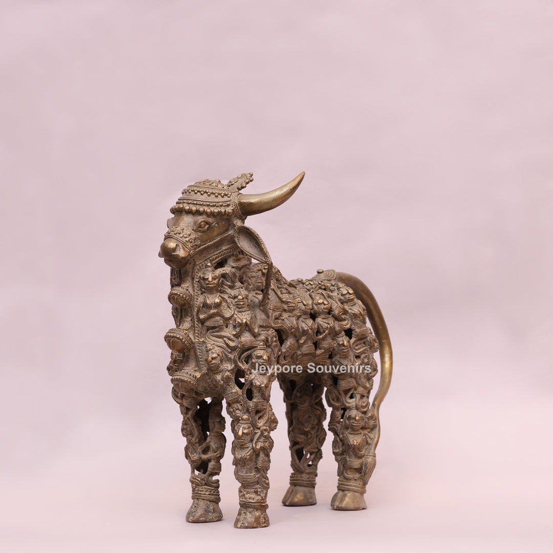 Handcrafted Dhokra Brass Nandi Sculpture with Jali Work