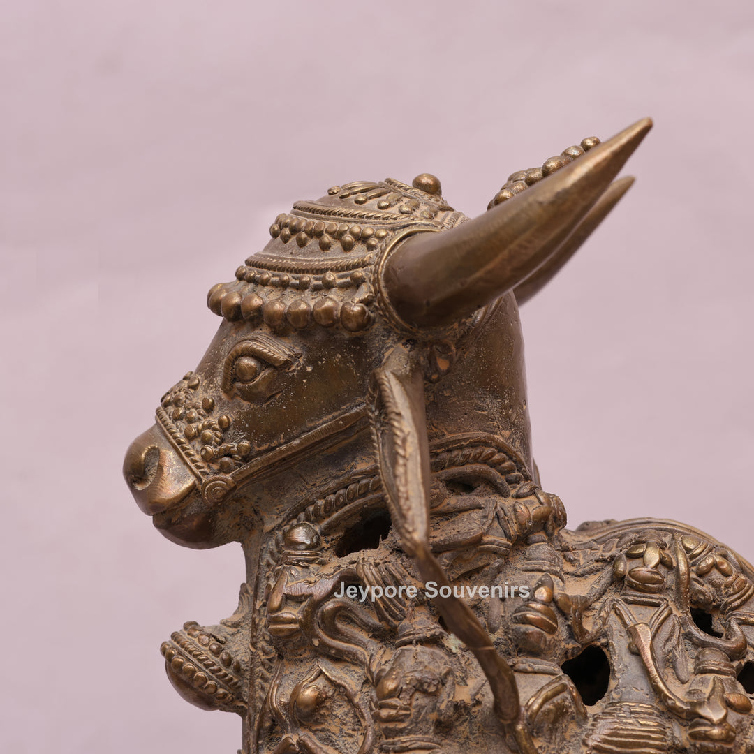 Handcrafted Dhokra Brass Nandi Sculpture with Jali Work