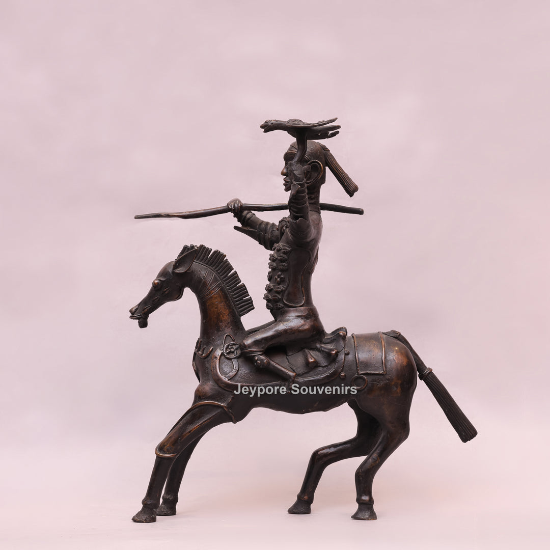 Handcrafted Dhokra Brass Warrior on Horse Sculpture