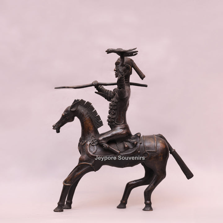 Handcrafted Dhokra Brass Warrior on Horse Sculpture