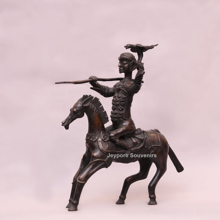 Handcrafted Dhokra Brass Warrior on Horse Sculpture