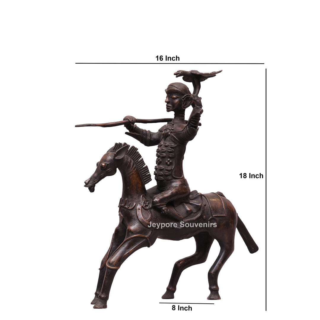 Handcrafted Dhokra Brass Warrior on Horse Sculpture