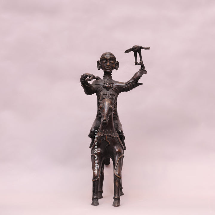 Handcrafted Dhokra Brass Warrior on Horse Sculpture