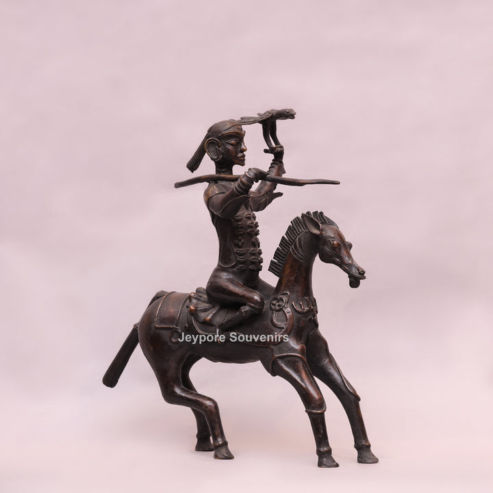 Handcrafted Dhokra Brass Warrior on Horse Sculpture