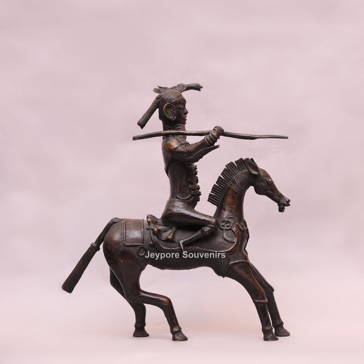 Handcrafted Dhokra Brass Warrior on Horse Sculpture